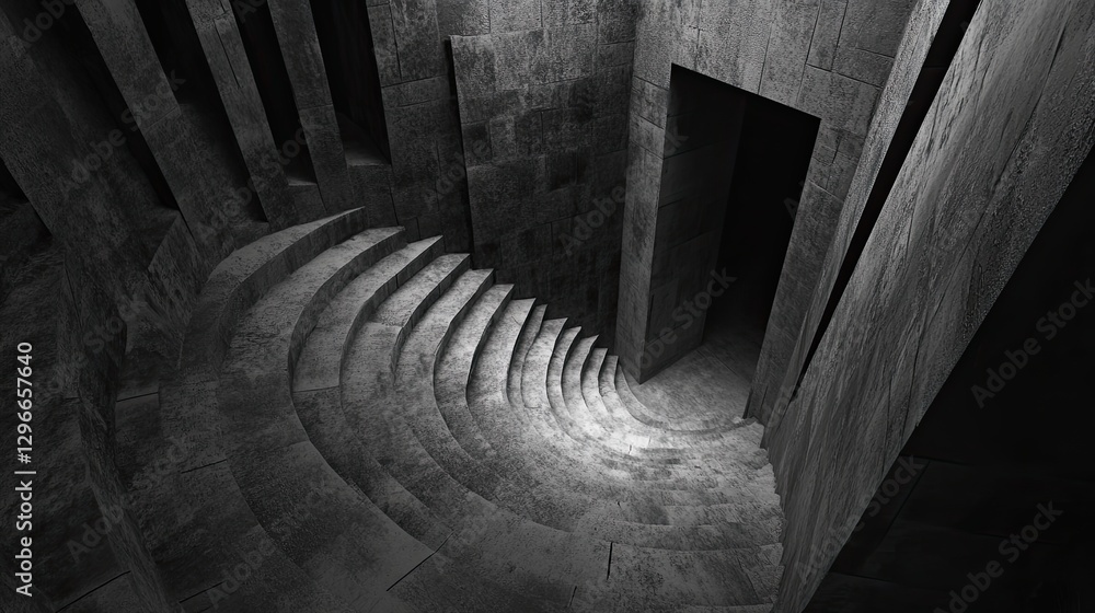 Poster a monochrome abstract architectural image of a curved stone staircase leading into darkness, creatin