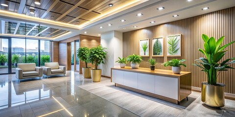 Fototapeta premium Minimalist Modern Office Lobby with Frame Mockup & Plants - Stock Photo
