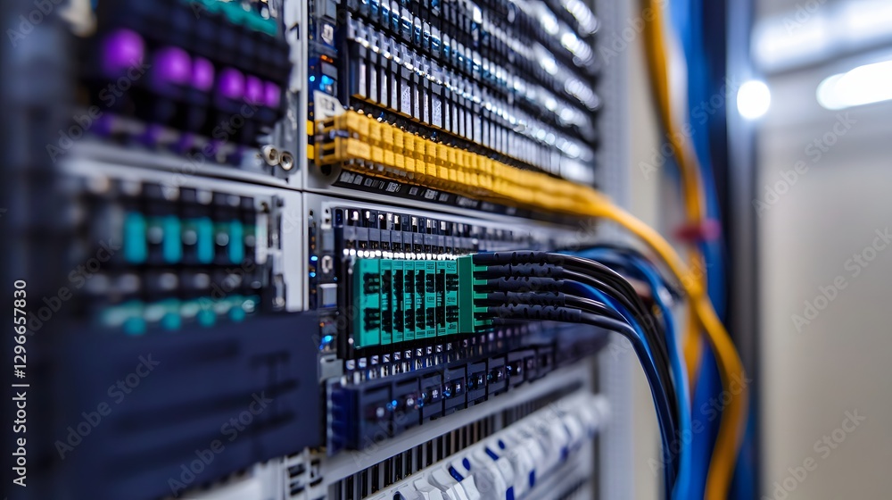 Poster an infographic inside a server room ,detailed visuals of data transmission technology and network in