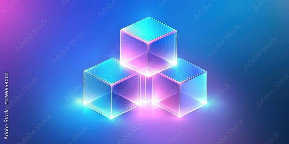 Poster isometric abstract background with neon cube formations, layered transparency, and glowing futuristi