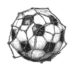 A hand-drawn sketch of a soccer ball going into the net. soccer football ball in goal net sketch engraving vector illustration. white image.