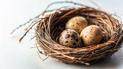 Obraz premium Minimalist Nest with Eggs: Simple White Background, Natural Light
