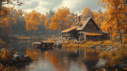 Fototapeta premium Autumnal lakeside cabin nestled in golden forest.