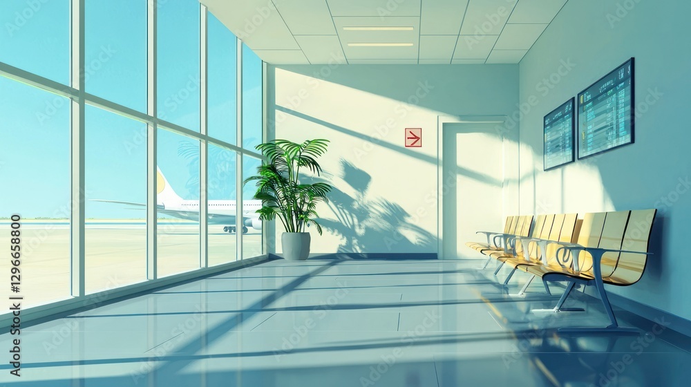 Poster a 3d illustration of an airport departure gate with a plane visible through the window.