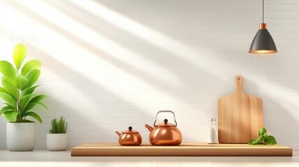 Rustic kitchen scene featuring a wooden butcher block, vintage copper teapots, and a textured brick backsplash.