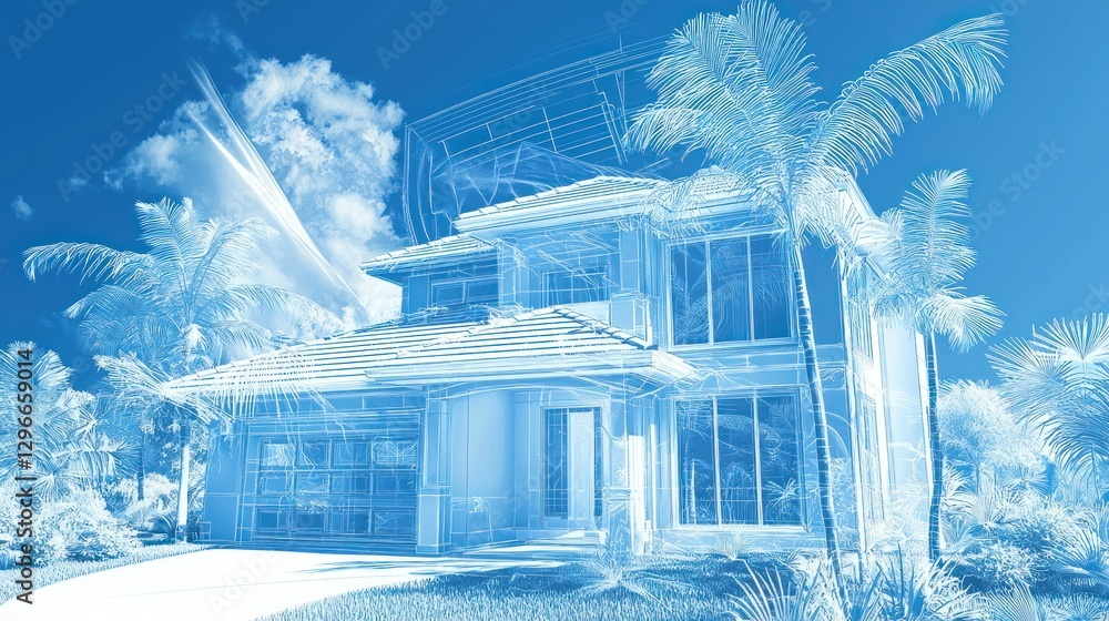 Poster a 3d blueprint-style illustration of a house showing detailed architectural elements.