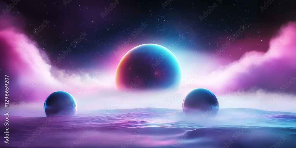 Poster surreal abstract dreamscape with floating glowing orbs, deep space textures, and ethereal futuristic