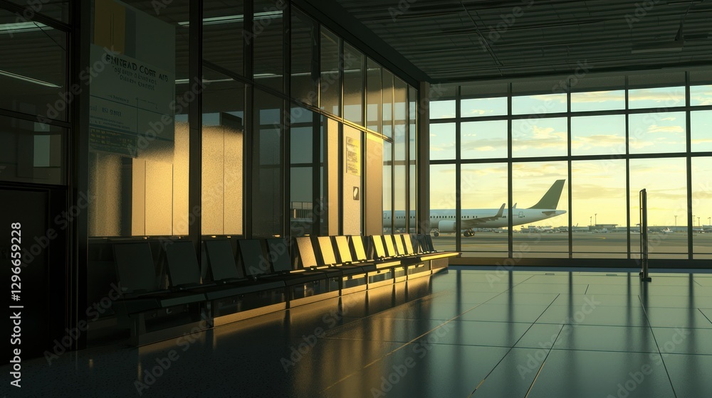 Poster a 3d illustration of an airport departure gate with a plane visible through the window.