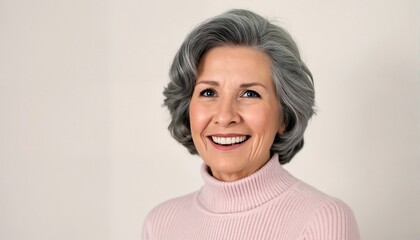 Portrait of a smiling middle aged woman with short gray hair.
