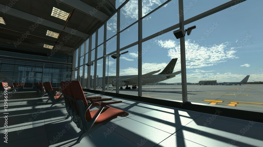Poster a 3d illustration of an airport departure gate with a plane visible through the window.