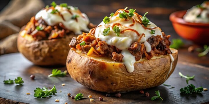 Stuffed potato with cheese and sour cream topping , caramelized onions, meat