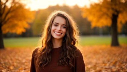 Fototapeta premium A young woman with long brown hair and a brown sweater stands outside on an autumn day.