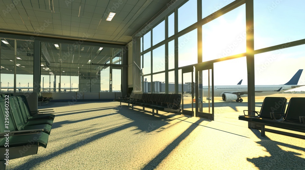 Poster a 3d illustration of an airport departure gate with a plane visible through the window.