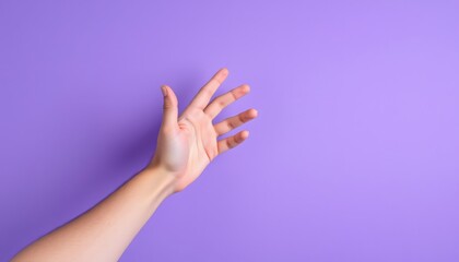 Reaching Open Hand on Purple Background, Human Palm and Fingers Extended on Violet Surface