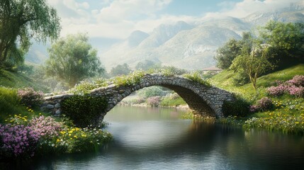 Fototapeta premium Old Stone Bridge Crossing a Calm River in a Lush Spring Landscape By Generated AI