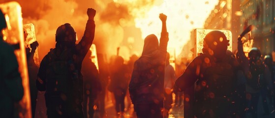 Silhouettes of protesters against a backdrop of fire, symbolizing resistance and struggle for rights, perfect for news articles about social movements and civic engagement.