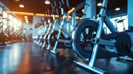 Fototapeta premium A modern gym with rows of exercise bikes illuminated by soft light is suitable for advertising fitness centers, sports brands or articles about healthy lifestyle.