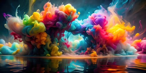 Clouds of vibrant ink swirl in a tranquil pond, creating a mesmerizing dance of colors and light