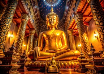 Fototapeta premium Golden Buddha Thailand Low Light Night Photography, Temple, Statue, Asian, Spiritual, Ancient, Religious, Serene, Buddhist, Travel, Southeast Asia