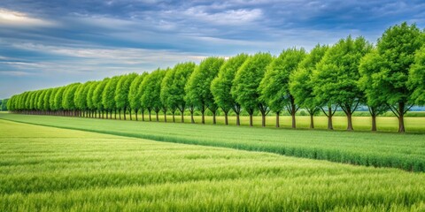 A tranquil scene of lush green trees arranged in rows along the edge of a wheat field, creating a picturesque and serene backdrop for rural farmland , countryside, peaceful