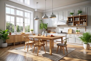 Fototapeta premium Minimalist Scandinavian Kitchen: Wooden Table, Large Windows, White Walls - 3D Render