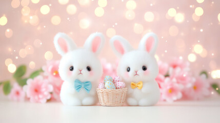 Cute White Easter bunnies with of pastel color decorated Easter eggs basket among spring flowers, dreamy pastel setting, perfect holiday celebration image for Easter greeting cards and invitations