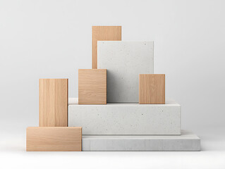 Modern minimalist display of wooden and concrete shapes studio setting abstract art clean aesthetic top view design concept