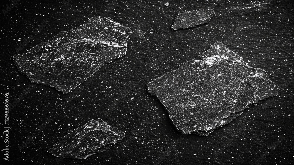 Poster ice formations on black surface creating a stunning visual contrast in a cold and wintry environment