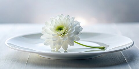 Minimalist Single Flower on White Plate, Elegant Floral Still Life Photography