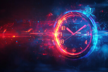 A digital clock displays glowing red and blue numbers. The background features abstract patterns, creating a dynamic, futuristic atmosphere. Light reflects vibrant colors throughout.