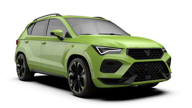 Green SUV car perspective Front right view on transparent background