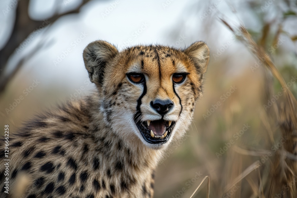 Aufkleber cheetah exhibiting fierce expression in tall grass during a sunny day in the savannah. generative ai