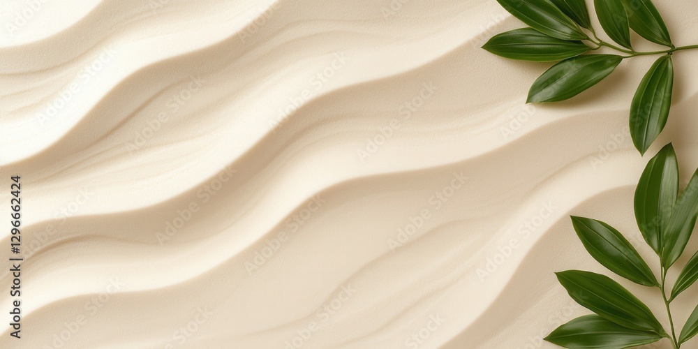 Poster elegant wave patterns with green leaves minimalist design abstract background soft lighting