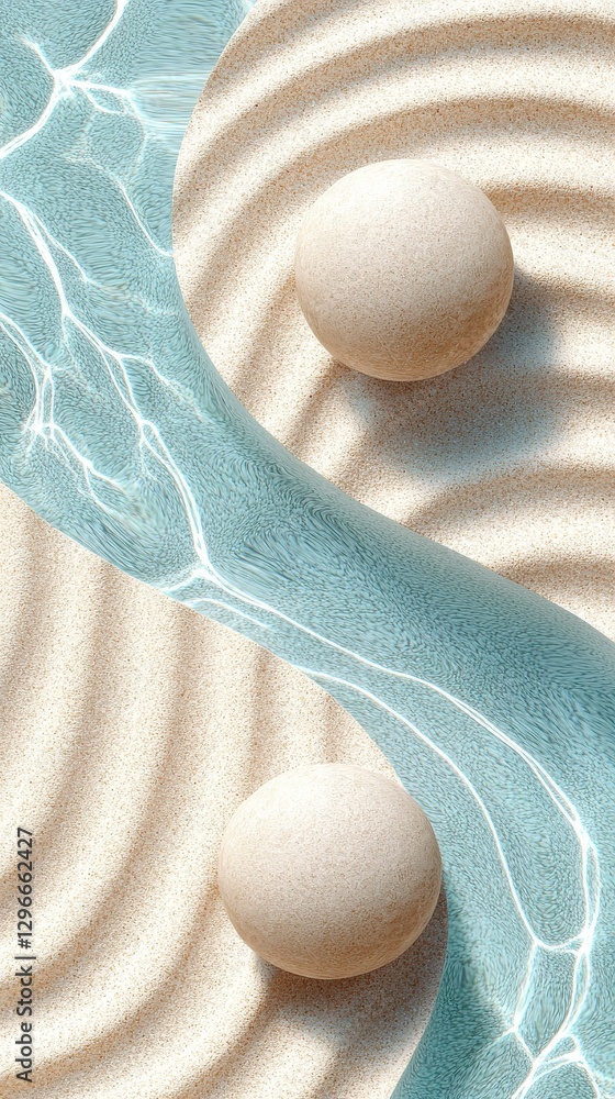 Poster calm water flowing through soft sand patterns beach abstract art serene environment aerial view tran
