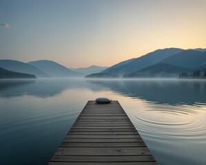 Naklejka premium A serene dock extends into a misty lake, surrounded by mountains, reflecting a peaceful early morning atmosphere.