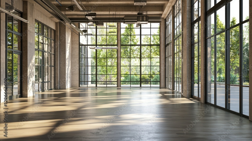 Aufkleber a 3d-rendered open showroom space with large windows and natural lighting.