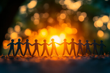 Paper figures are positioned in a row, holding hands as the sun sets in the background, creating a warm and inviting atmosphere that symbolizes togetherness and community.