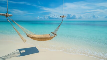 A dreamy beach paradise featuring a hammock or swing hanging over pristine white sand, with calm, crystal-clear waters inviting a luxurious summer retreat