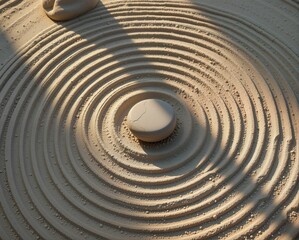 Naklejka premium A serene Zen garden with carefully raked sand forming concentric circles around a central stone, creating a calming visual effect.