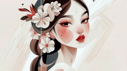 Elegant Asian Woman with Floral Hair Ornament - Modern Digital Art