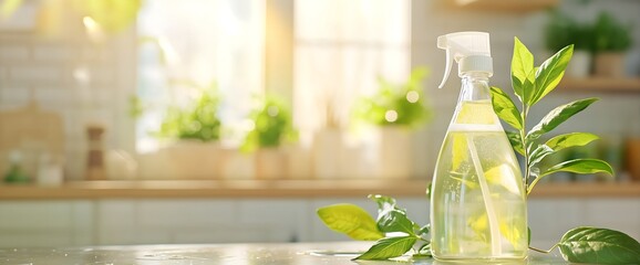 Green eco-friendly cleaning spray bottle on marble countertop in bright modern kitchen. home cleaning. Sustainable housekeeping, cleaning services, eco product, home maintenance. Horizontal banner