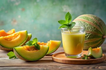Fototapeta premium Minimalist Still Life: Juicy Melon Slices, Whole Melon & Refreshing Juice