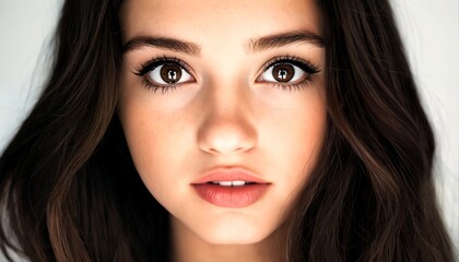 Obraz premium A close-up of a woman's face with long dark hair and brown eyes.
