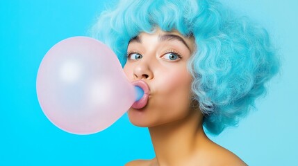 Funky woman with blue hairstyle eating chewing gum 