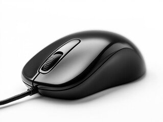 Black computer mouse on a white surface with a sleek design