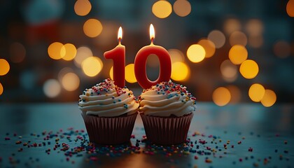 Ten candles on cupcakes, bokeh background
