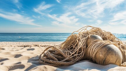 Fishing nets and buoys on sandy beach with ocean waves and clear sky.