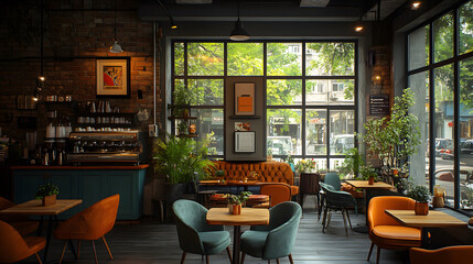 Fototapeta premium Charming coffee shop with vintage-style furniture, soft ambient lighting, and sleek modern chairs, 8K quality realistic image