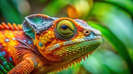 A close-up of a Ambanja Panther Chameleon's vibrant orange and yellow throat fan