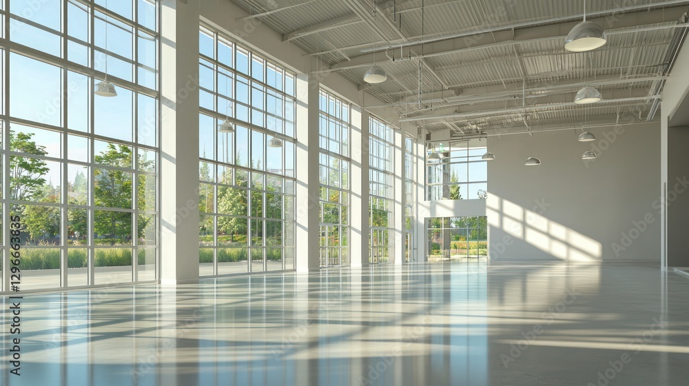 Poster a 3d-rendered open showroom space with large windows and natural lighting.